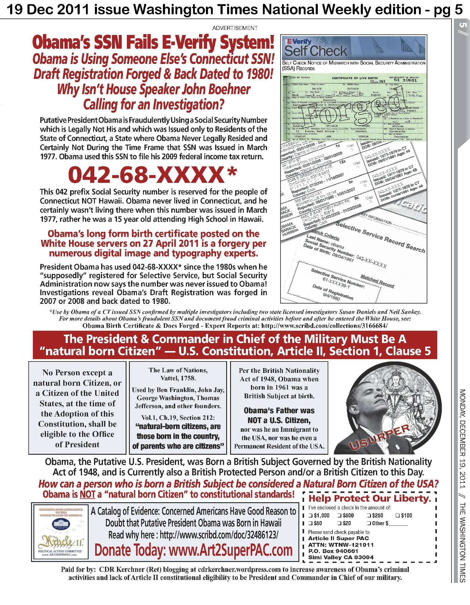 Support Art II Super PAC - Obama SSN Fails E-Verify